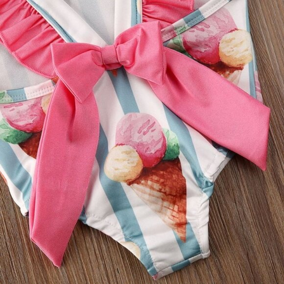 Girl girls toddler swimsuit one-piece ruffle bow ice cream cute adorable new - Picture 4 of 4